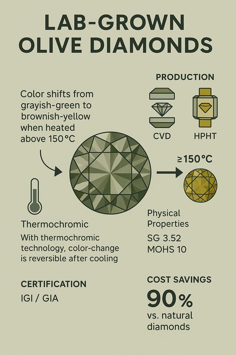 Image: Olive Diamond Color Change Demonstration - Revolutionary thermochromic technology showing before/after temperature transformation