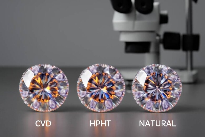 Image: CVD vs HPHT vs Natural Diamond Fire Comparison Under Microscope - Side-by-side visual comparison showing identical fire patterns across all three diamond types under controlled lighting - Proves lab-grown diamonds match natural fire performance