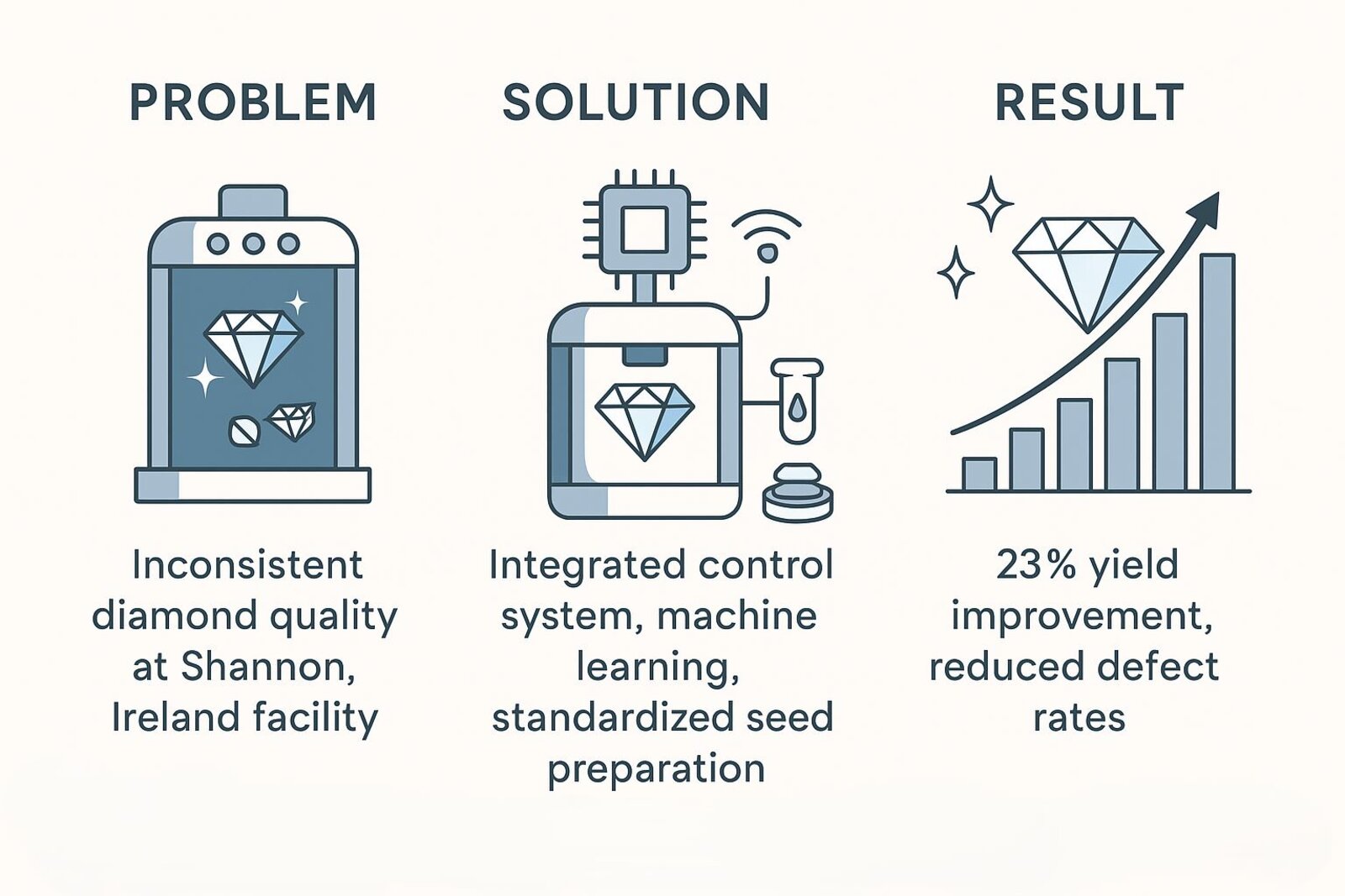 Infographic: Diamond Manufacturing Facility Technology Stack - Comprehensive visual showing clean room requirements, monitoring systems, quality controls, automation levels, and precision measurements from raw materials to finished gems