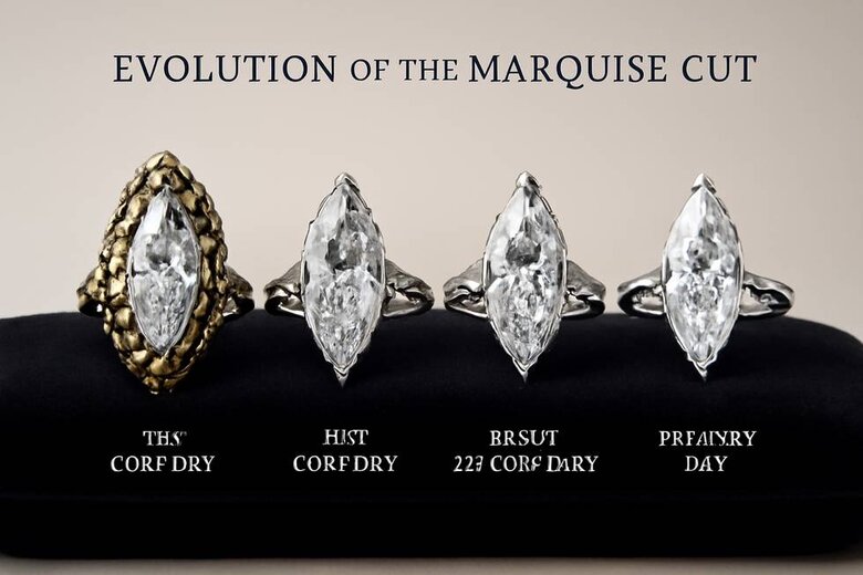 Image: Historical timeline visual showing Dutch marquise evolution from 18th-century European courts to modern engagement rings with period-appropriate styling - Connects emotional romance with historical prestige