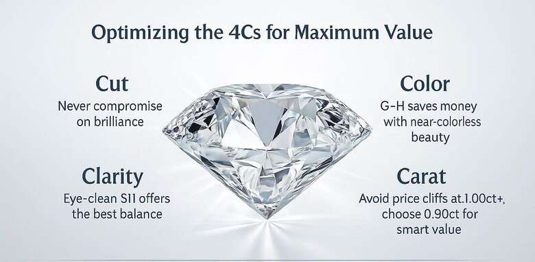 Image: Price Cliff Visual Comparison - Shows actual diamond sizes at 0.90ct vs 1.00ct side-by-side with price differences, proving minimal visual difference for substantial savings