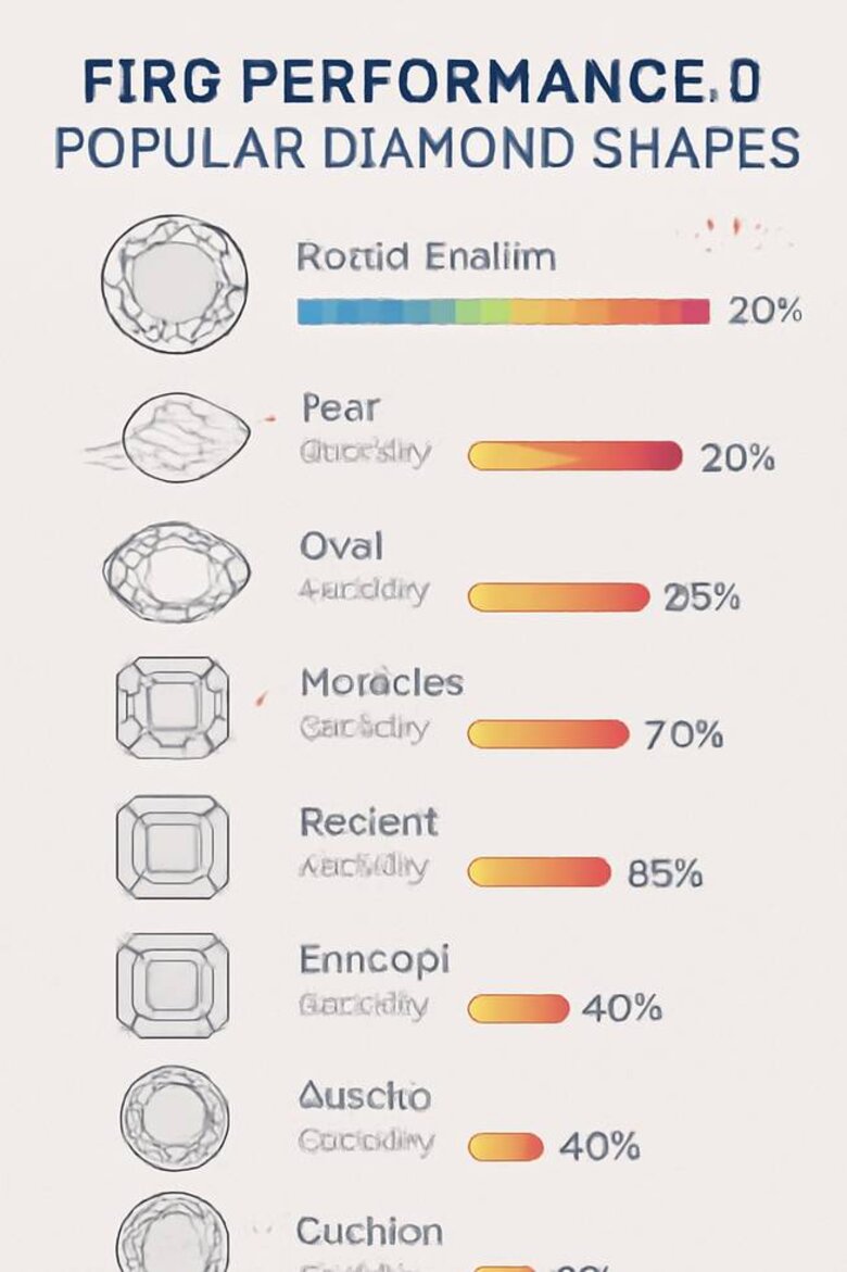 Infographic: Diamond Shape Fire Performance Rankings - Visual comparison showing fire intensity levels across 8 popular diamond shapes with percentage ratings and optimal viewing angles - Helps buyers choose shapes based on fire preference
