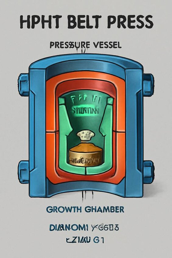 Image: HPHT Belt Press Cross-Section Diagram - Visual breakdown of pressure vessel, heating elements, growth chamber, seed placement, and catalyst positioning to understand the complete synthesis environment