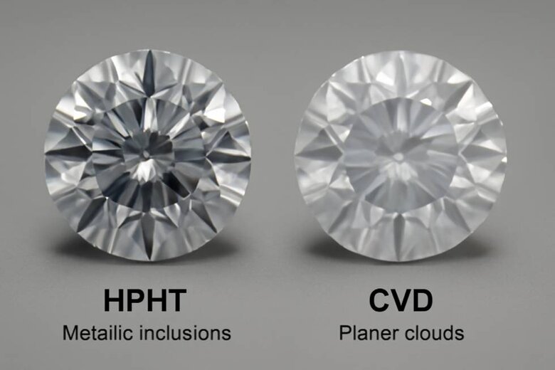 Image: Side-by-Side Microscope Comparison of HPHT vs CVD Diamond Inclusions - Visual identification guide showing metallic spots versus planar clouds for informed diamond selection