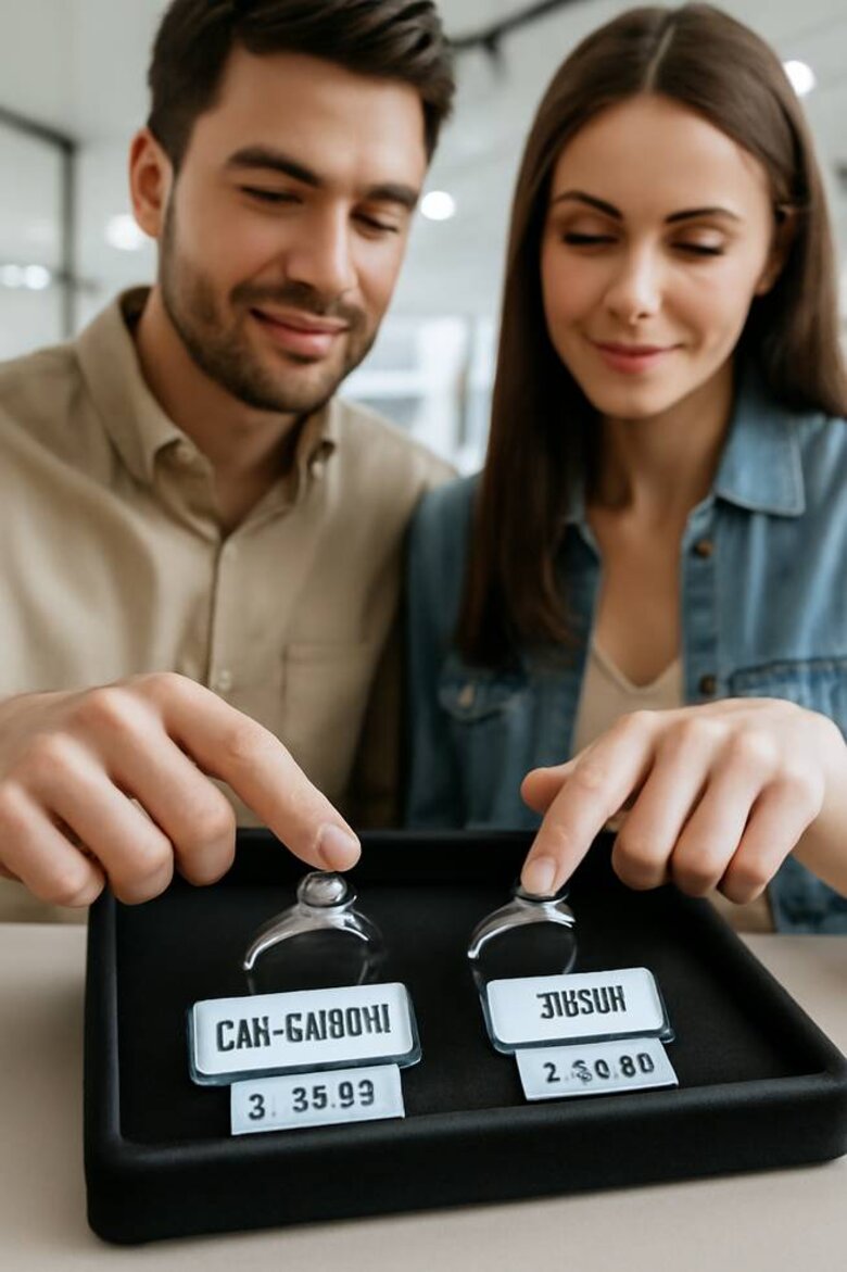 Image: Millennial Couple Comparing Lab vs Mined Diamond Rings - Side-by-side visual showing identical sparkle and fire between lab and natural stones, with price tags highlighting significant savings and environmental impact icons