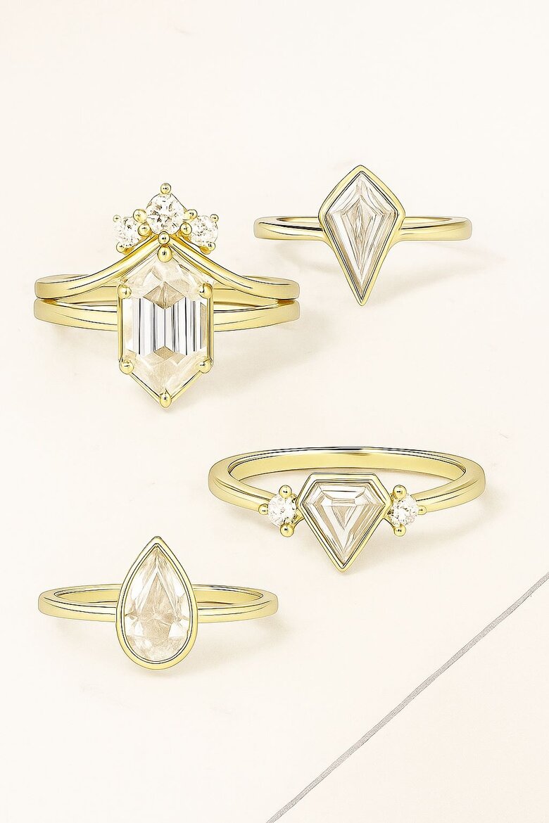Image: Art Deco inspired jewelry featuring mixed geometric lab-grown diamond accents in gold settings - Shows readers how geometric shapes translate into wearable luxury pieces