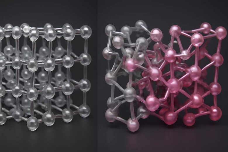 Image: Crystal Lattice Deformation Process Visualization - Shows atomic structure transformation from clear diamond to pink through controlled pressure stress patterns for technical understanding