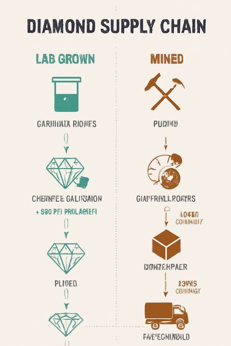 Infographic: Diamond Supply Chain Flow - Lab vs Mined Distribution Networks - Visualizes exactly where markup costs accumulate and how lab-grown diamonds eliminate 4-5 intermediary steps
