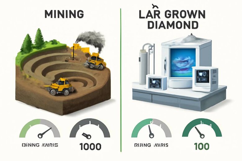 Image: Environmental Impact Infographic Style Visual - Clear comparison showing earth movement, energy usage, and carbon footprint between mining vs lab-grown diamond production to visualize sustainability benefits