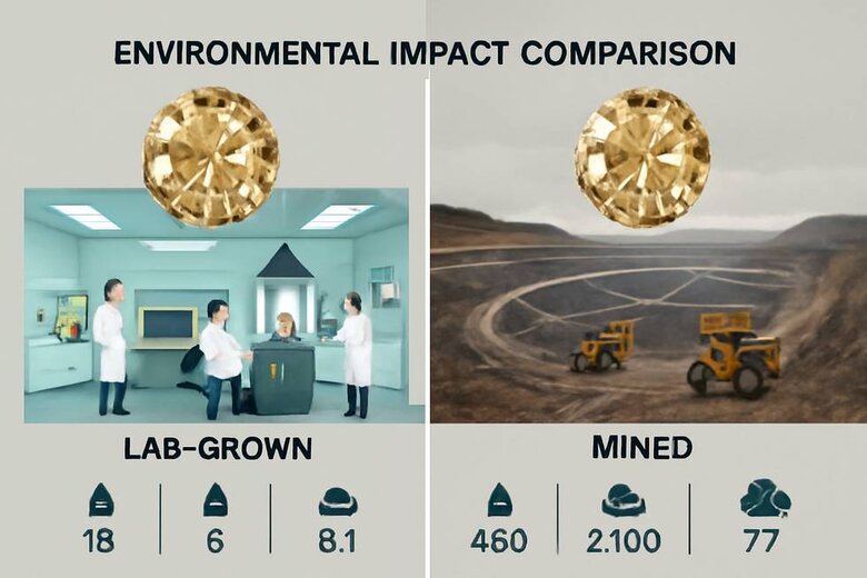 Image: Environmental Impact Comparison: Lab-Grown vs Mined Champagne Diamond Production - Shows environmentally-conscious buyers the quantified ecological benefits of choosing lab-grown diamonds