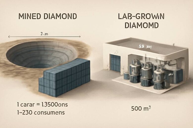 Image: Earth Excavation Volume Visualization - Visual comparison showing 1,750 tons of earth excavated for mined diamonds versus zero excavation for lab diamonds, with scale references like shipping containers or building foundations
