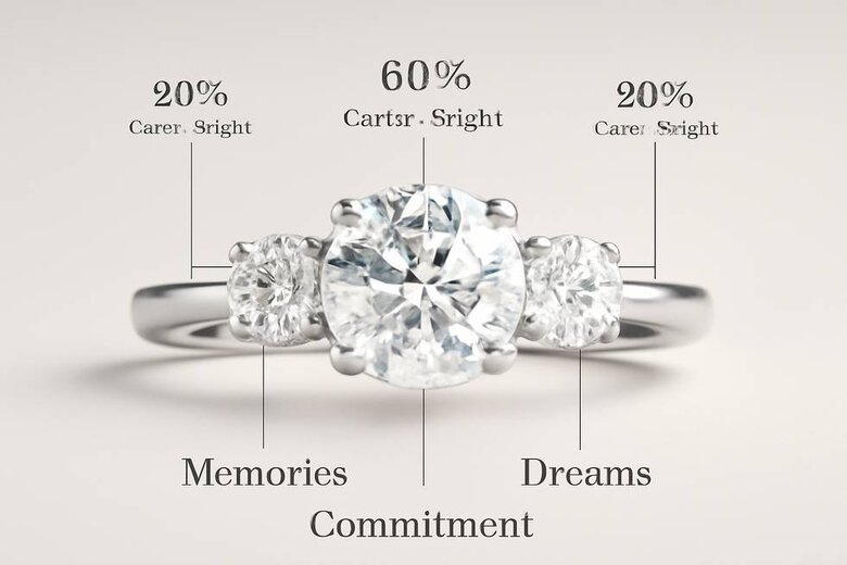Image: Three-Stone Ring Anatomy Diagram - Visualize the proportional relationship between center and side stones with labeled carat weight percentages and symbolic meaning for each position