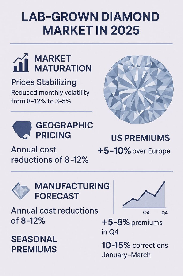 Infographic: Global Lab Diamond Price Heat Map 2025 - Visual representation of regional pricing differences, seasonal patterns, and market maturity indicators across major buying markets