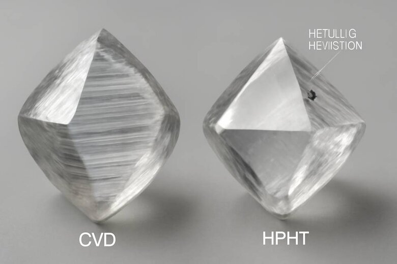 Image: DiamondView Imaging Analysis of CVD vs HPHT Crystal Structures - Side-by-side comparison showing layered CVD patterns versus uniform HPHT structure with inclusion mapping - Helps professionals identify optimal cutting paths and avoid costly mistakes during assessment
