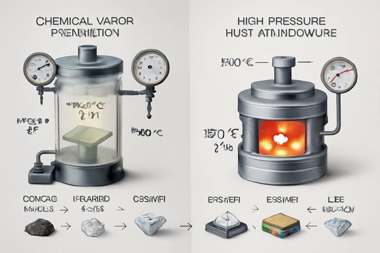 Image: Lab Diamond Creation Process Visualization - Split-screen showing CVD and HPHT methods with detailed equipment diagrams, temperature and pressure specifications, and timeline from carbon source to finished gem
