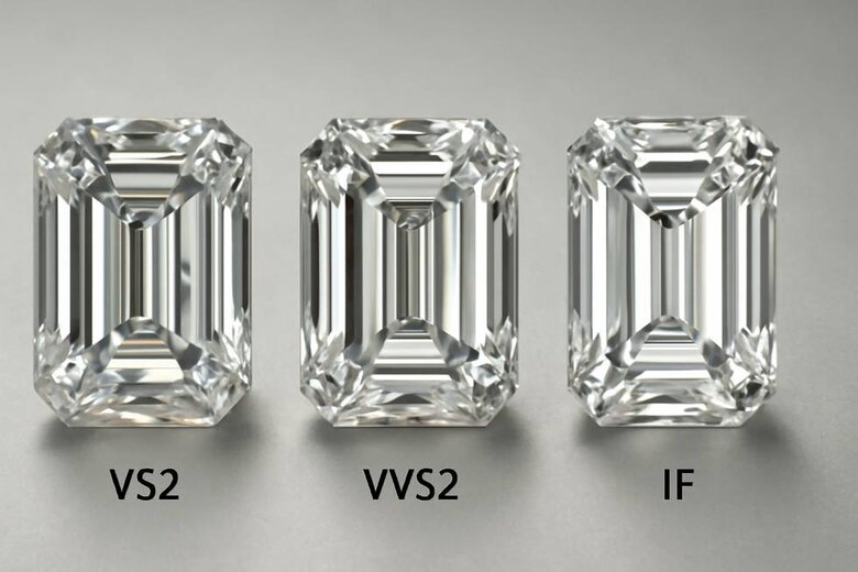 Image: Diamond Clarity Grade Visual Comparison in Emerald Cuts - Magnified view showing VS2, VVS2, and IF clarity grades specifically in emerald-cut diamonds, demonstrating why higher clarity matters for this shape
