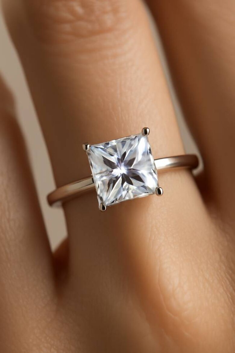 Image: Stunning Princess Cut Lab-Grown Diamond Engagement Ring on Hand - Close-up showcasing geometric 90-degree corners, brilliant facet fire, and modern square silhouette against natural skin tone, demonstrating finger-lengthening effect and architectural elegance that defines contemporary bridal style