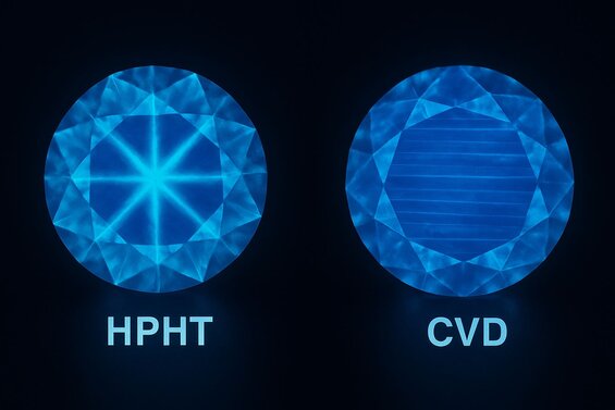 Image: DiamondView Screening Results Comparison - Side-by-side visualization of HPHT cross patterns versus CVD parallel lines for definitive identification