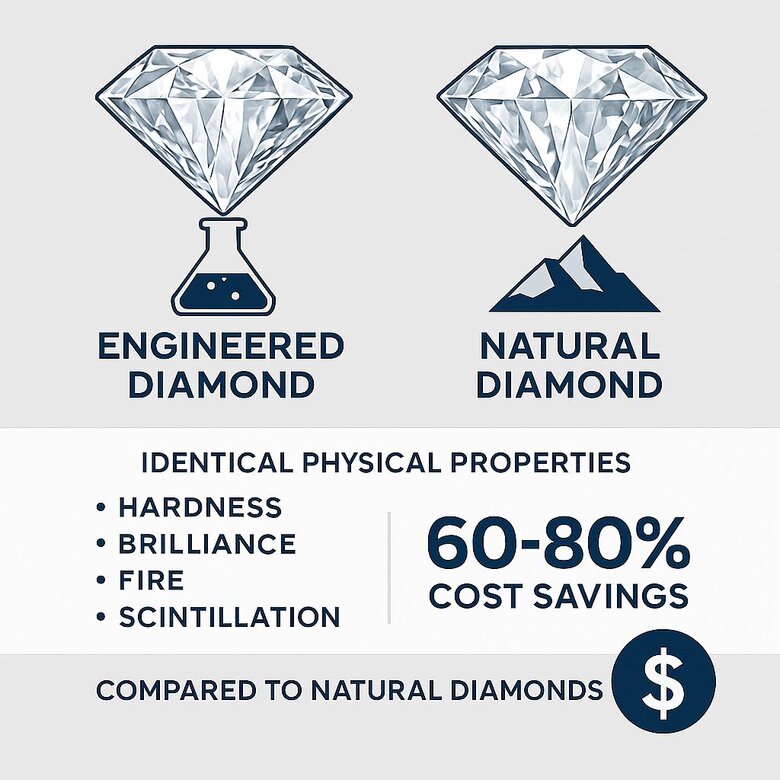 Image: Side-by-Side Diamond Comparison Under Magnification - Visual proof showing identical crystal structure, brilliance patterns, and optical properties between natural and engineered diamonds of equivalent grades