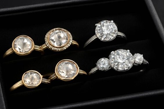 Image: Gallery showing optimal settings for each cut type - rose cuts in bezel, vintage, and flush settings versus brilliant cuts in solitaire, halo, and three-stone configurations with detailed mounting specifications - Perfect setting selection for maximum diamond performance