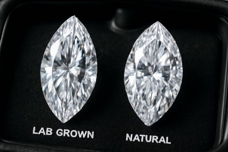 Image: Side-by-side microscopic comparison of lab-grown vs natural marquise diamond crystal structure - Demonstrates identical optical properties dispelling quality concerns