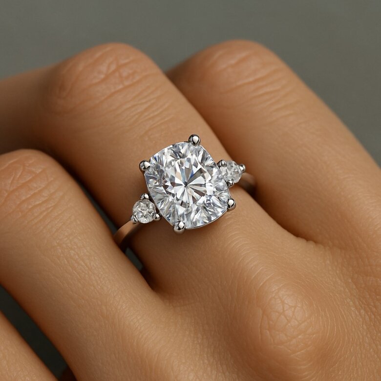 Image: Side-by-side visual comparison of three-stone engagement rings featuring lab-grown vs mined diamonds in identical settings, showing their indistinguishable appearance - Proves visual parity eliminates compromise on luxury aesthetics