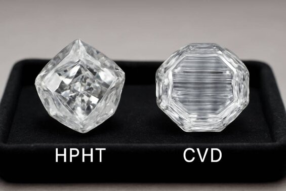 Image: HPHT vs CVD Diamond Comparison Under Magnification - Side-by-side crystal structure analysis revealing distinctive growth patterns
