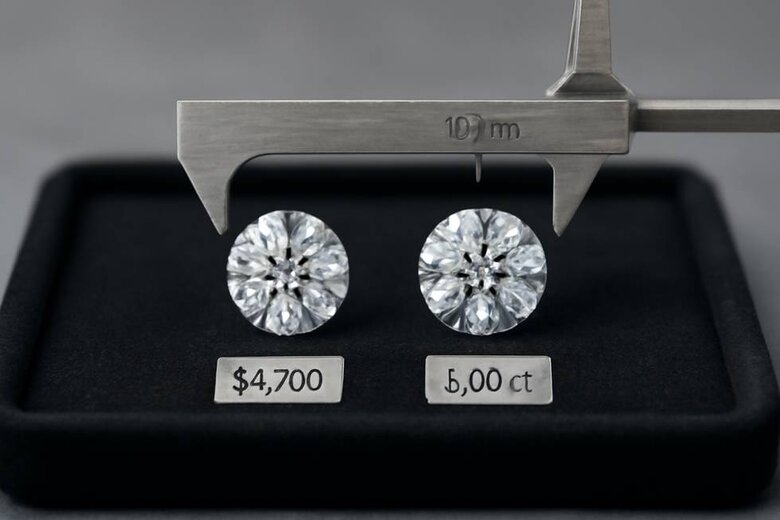 Image: Price Cliff Visual Comparison - Shows actual diamond sizes at 0.90ct vs 1.00ct side-by-side with price differences, proving minimal visual difference for substantial savings