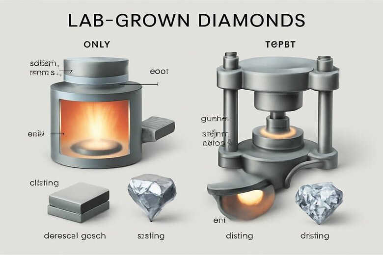 Image: CVD and HPHT Diamond Growing Process Visualization - Step-by-step illustration showing how lab diamonds are created with superior control for heart cutting