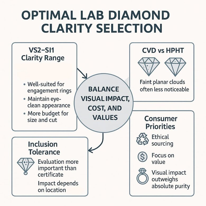 Infographic: Lab Diamond Clarity Value Decision Tree - Step-by-step visual guide showing budget ranges, clarity grades, inclusion tolerance, and optimal selection path for different ring sizes and cuts
