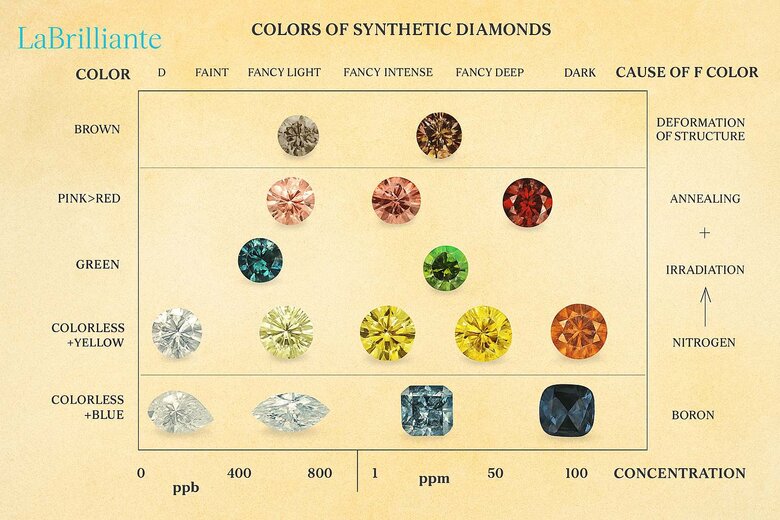 Image: Diamond Shape Color Concentration Comparison - Shows how the same colored diamond appears in different cuts (round, cushion, emerald, radiant) to demonstrate color intensity variations