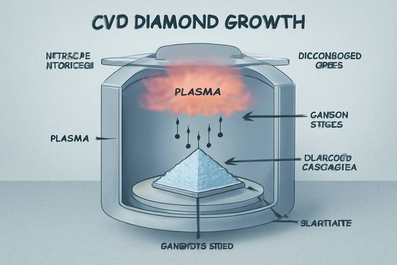 Image: CVD Diamond Growth Chamber Cross-Section Diagram - Visualize the step-by-step atom deposition process to understand how your custom diamond forms layer by layer