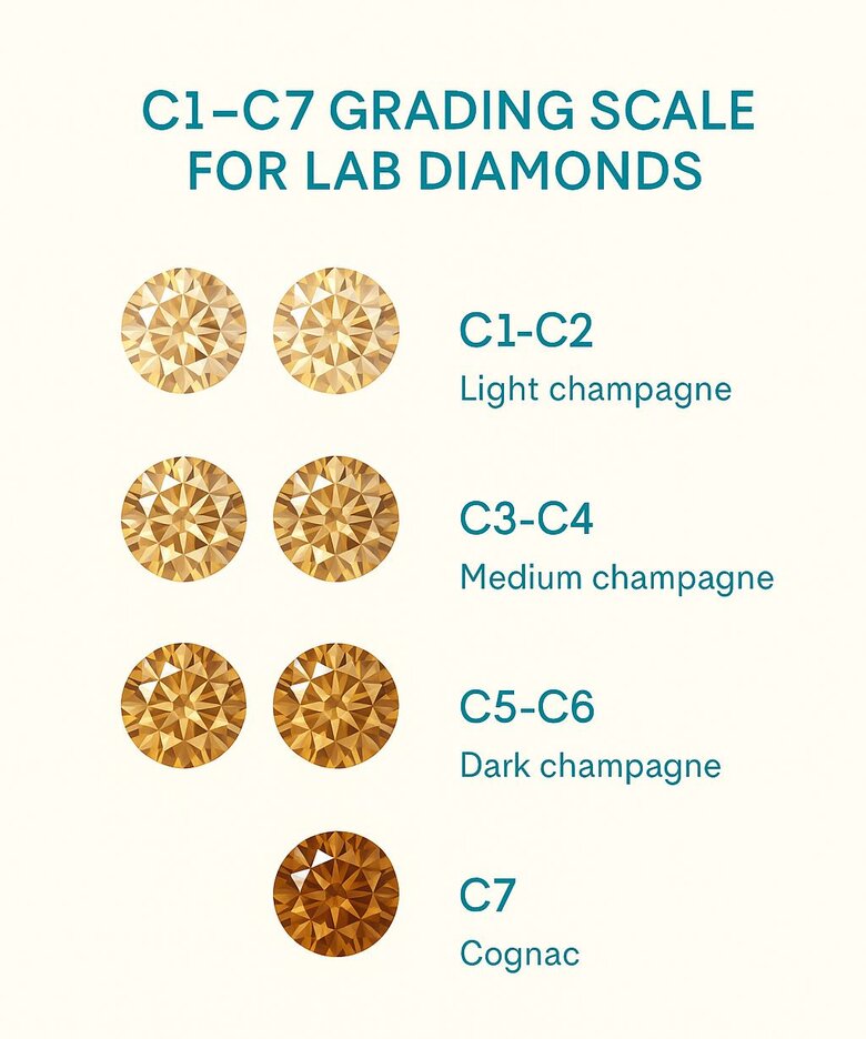 Image: C1-C7 Champagne Diamond Color Scale Visual Guide - Shows buyers exactly what each grade looks like to choose the perfect color intensity for their style and budget