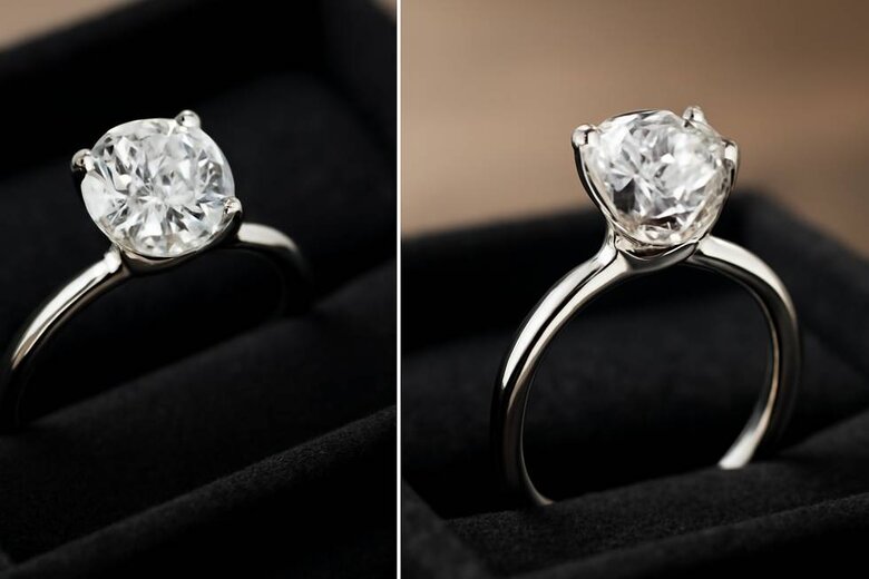 Image: Before/after macro photography showing same center stone with and without hidden halo from multiple angles - Demonstrates the dramatic sparkle enhancement that only becomes visible from specific viewpoints