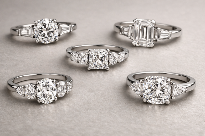 Side Stone Configuration Gallery - Photographic comparison showing the same oval center stone paired with five different side stone options (tapered baguettes, straight baguettes, rounds, matching ovals, pears) to demonstrate aesthetic impact of side stone choice