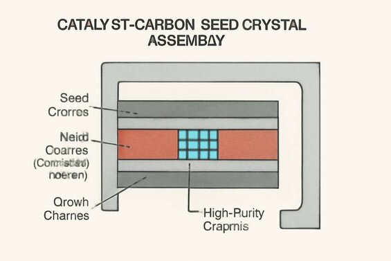 Image: Catalyst-Carbon-Seed Crystal Assembly Diagram - Detailed positioning of seed crystals, graphite source material, and metal catalyst layers showing optimal arrangement for defect-free growth