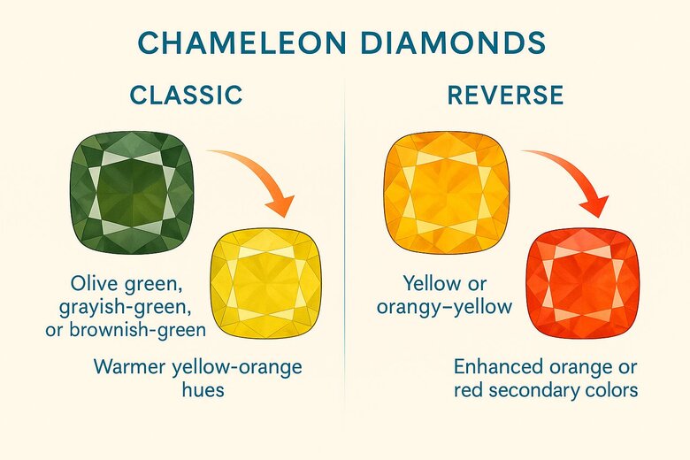 Image: Before and After Color Transformation Photos of Classic and Reverse Chameleon Diamonds - Demonstrates the visual difference between both types, showing actual color changes side by side