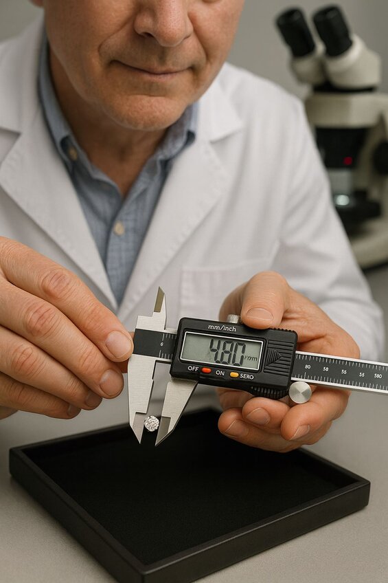 Image: Professional Diamond Measuring Process with Precision Tools - Visualize how industry experts achieve 0.01mm accuracy using calibrated gemological instruments