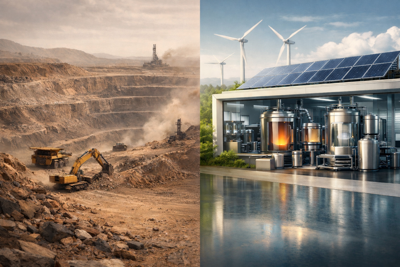Environmental Impact Comparison - Visual data representation showing mining vs lab-grown production across five metrics: land displacement (acres), water consumption (gallons per carat), energy use (kWh per carat), carbon emissions (tons CO2), and ecosystem disruption score
