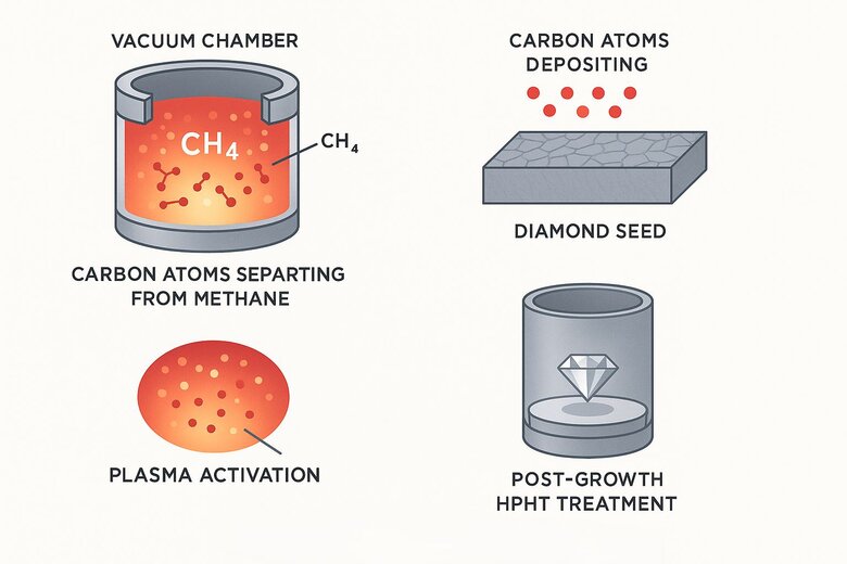 Image: CVD Chamber Process Flow Visualization - Step-by-step illustration showing gas injection, plasma formation, carbon deposition layers, and real-time monitoring systems