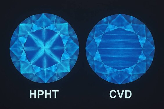 Image: DiamondView Screening Results Comparison - Side-by-side visualization of HPHT cross patterns versus CVD parallel lines for definitive identification