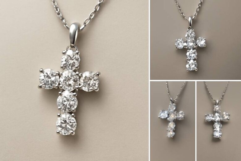 Image: Social Media Optimized Cross Necklace Photography - Visual guide showing how VS1-SI2 clarity lab-grown diamonds appear under ring lighting and smartphone cameras, with examples of viral-worthy sparkle shots