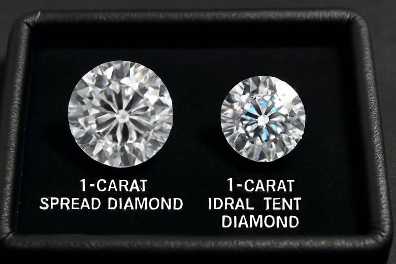 Image: Side-by-side comparison of 1-carat spread diamond vs ideal-cut diamond showing size difference and light performance - Reveals the visual size advantage and optical compromise buyers face when choosing shallow cuts