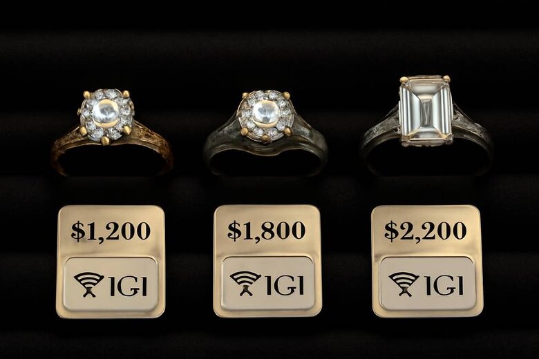 Image: Vintage Lab Diamond Ring Collection Showcase - Three era-specific designs (Victorian rose gold, Edwardian platinum, Art Deco geometric) with pricing comparison and IGI certification badges