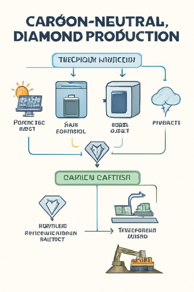 Infographic: Carbon-Neutral Diamond Production Process - Visual flowchart showing renewable energy inputs, CVD/HPHT growth chambers, carbon capture systems, and environmental impact measurements compared to traditional mining