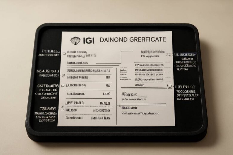 Image: IGI Diamond Certificate Breakdown - Visual guide showing each section of an IGI certificate and what the grading numbers mean for anniversary ring buyers