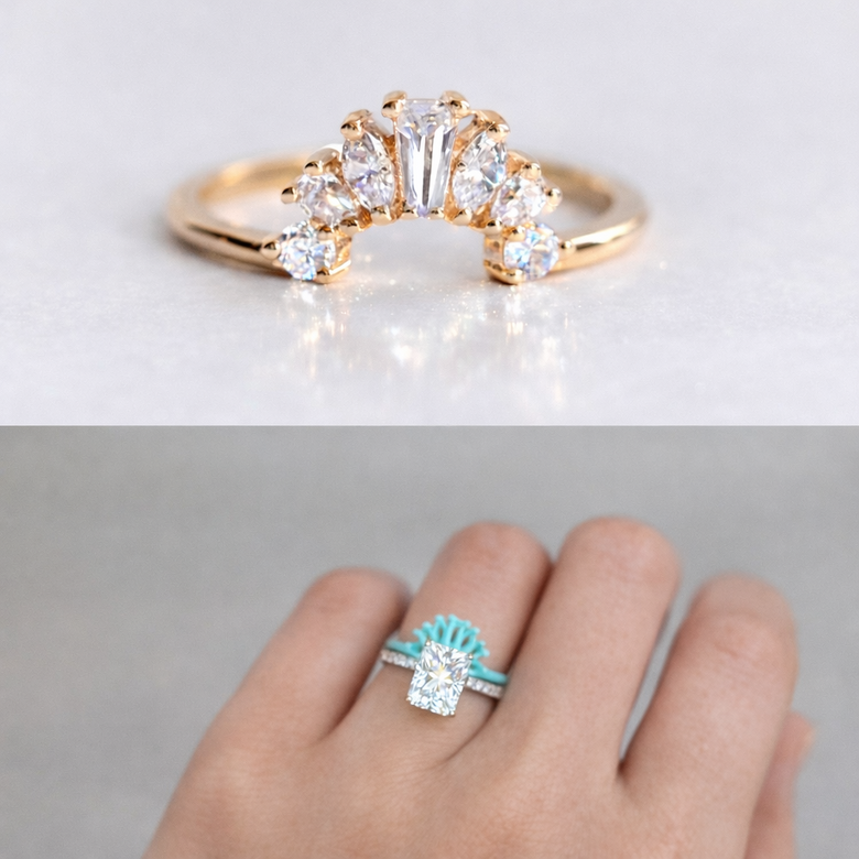 Curved Band Compatibility Guide by Diamond Shape - Visual flowchart showing which curved band styles work best with round, oval, pear, princess, and other diamond shapes, including recommended curve depths and angles