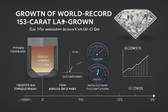 Image: 155-Carat Record Diamond Growth Process - Visual timeline showing the 150-day CVD growth process with temperature and pressure controls
