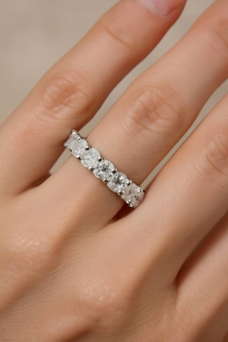 Image: Lab-Grown Diamond Eternity Band on Hand Showing Full Coverage Sparkle - See the stunning brilliance and ethical beauty you can afford