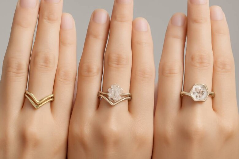 Image: Three Curved Band Styles Side-by-Side Comparison - Detailed visual showing chevron, tiara, and rounded contour bands on hands with different engagement ring styles to demonstrate how each silhouette creates different aesthetic effects